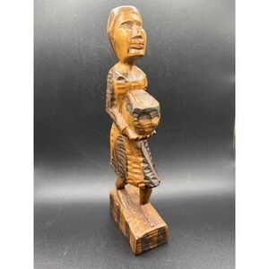 Vintage Hand Carved African Tribal Woman Figurine Carrying Basket - 8.5" Tall